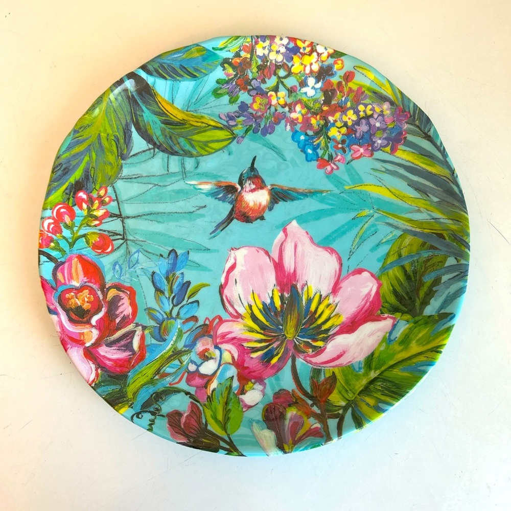 Pier 1 Imports Humming Bird Floral Melamine‎ 8.5" Luncheon Plate Turquoise